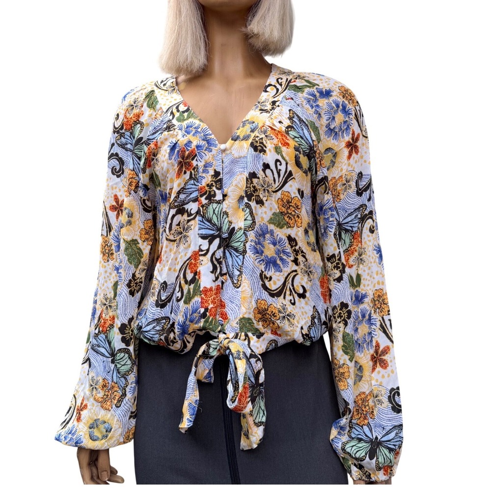 Buffalo Butterfly Floral Blouse NWT Tie Front Sheer Boho Cottagecore Fairycore M